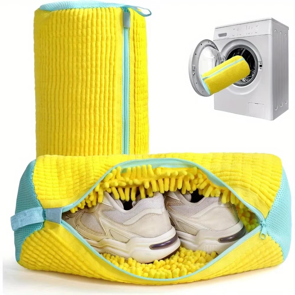 Shoe Washing Machine Bag - Durable Laundry Wash Bag for All Shoe Types, Yellow with Blue Zipper, Perfect for Sneakers and Casual Shoes