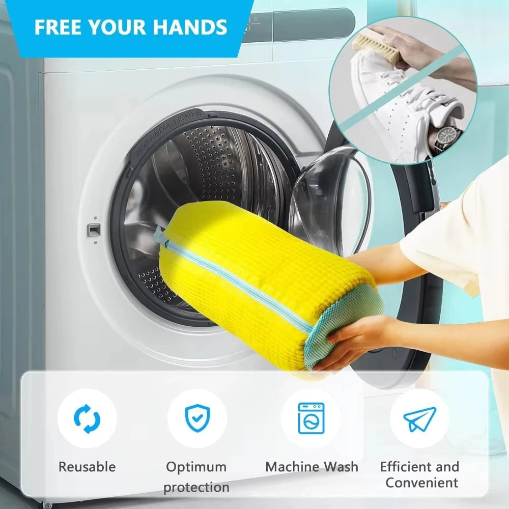 Shoe Washing Machine Bag - Durable Laundry Wash Bag for All Shoe Types, Yellow with Blue Zipper, Perfect for Sneakers and Casual Shoes