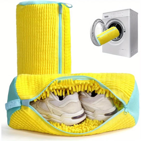 Shoe Washing Machine Bag - Durable Laundry Wash Bag for All Shoe Types, Yellow with Blue Zipper, Perfect for Sneakers and Casual Shoes